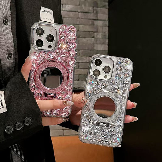 Shockproof Fashion Diamond Phone Holder Mirror iPhone case for iPhone 16/15/14/13/12/11
